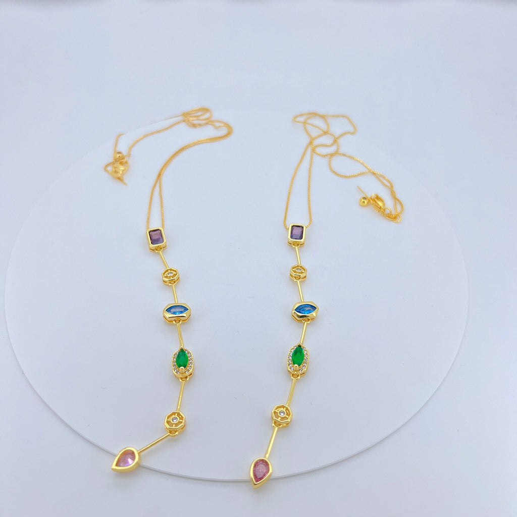 Multi Gemstone Solitaire CZ Gold Anti Tarnish Long Necklace Chain Bulk