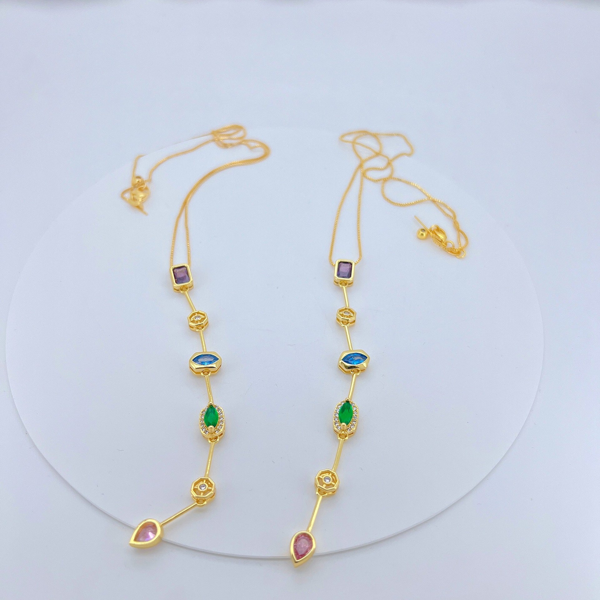 Multi Gemstone Solitaire CZ Gold Anti Tarnish Long Necklace Chain Bulk