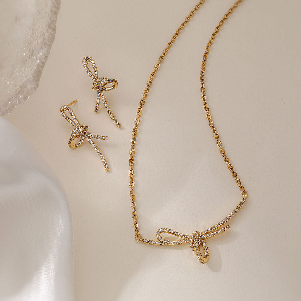 Bow Knot Gold Silver CZ Anti Tarnish Necklace Earrings Set Bulk Main image