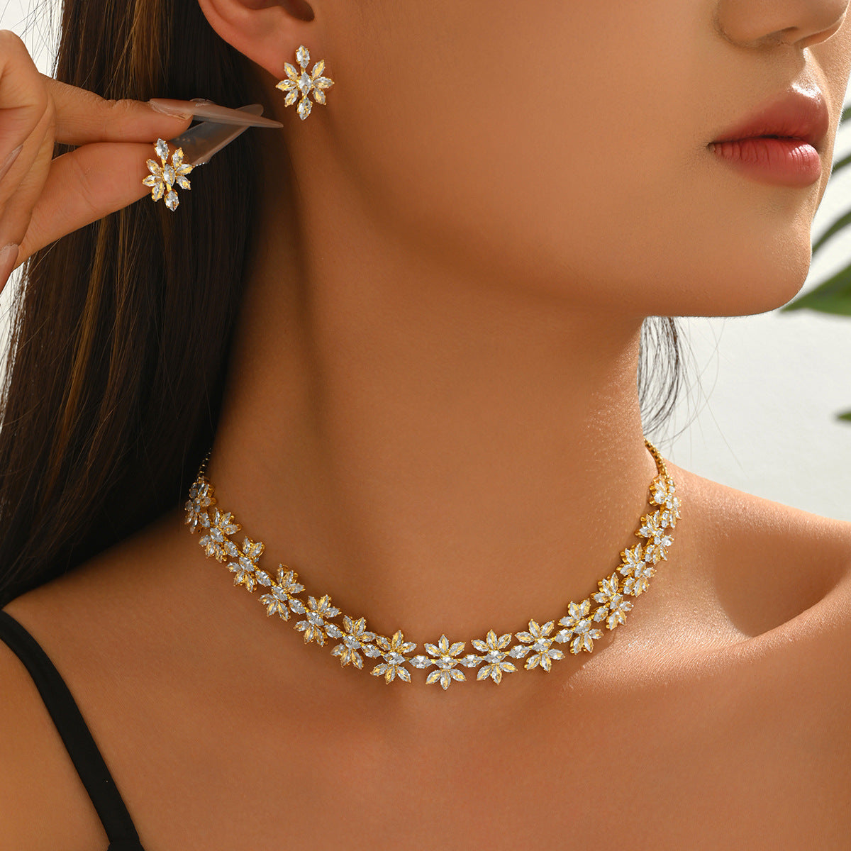 Luxury White Floral Gold Plated CZ Copper Necklace Earring Set Bulk