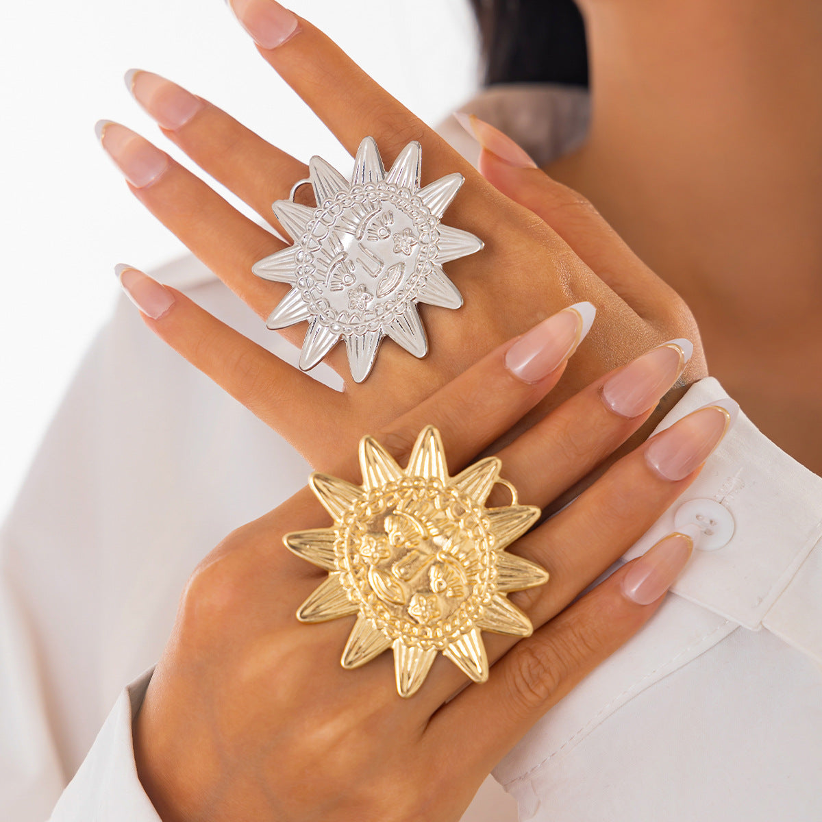 Star Sun Face 18K Gold Silver Big Free Size Ring For Women Bulk