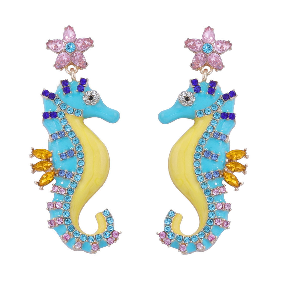 Seahorse Flower Multi CZ Enamel Anti Tarnish Dangler Earring Bulk