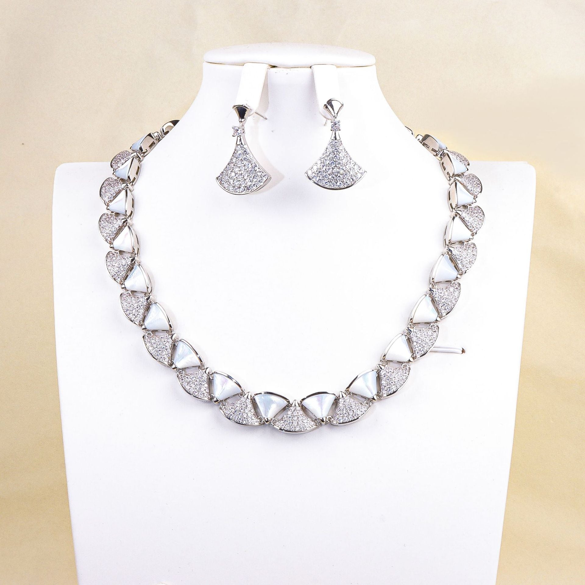 Modern Geometric White Shell Silver CZ Copper Necklace Earring Set Bulk Secondary image