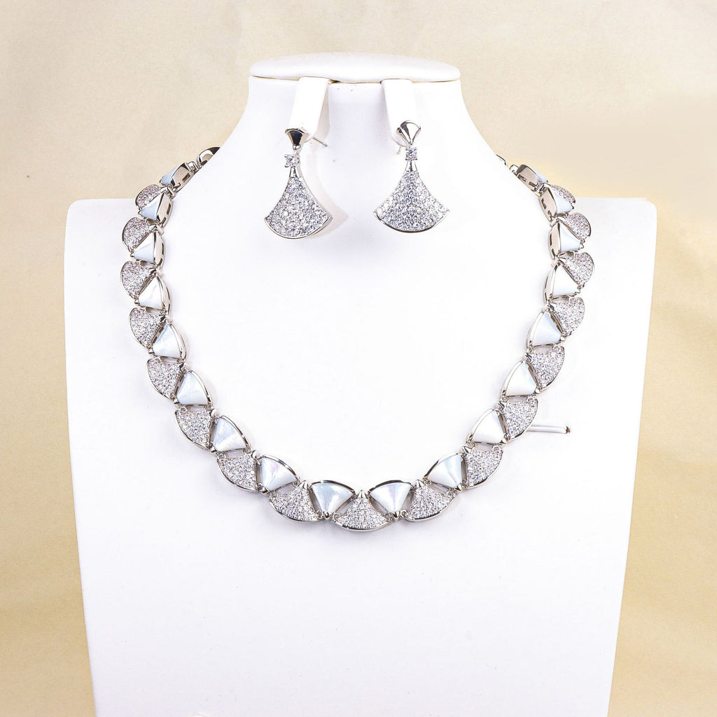 Modern Geometric White Shell Silver CZ Copper Necklace Earring Set Bulk