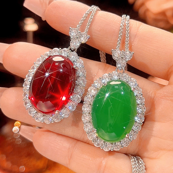 Red Green Classic Oval Cabochon Silver CZ Copper Pendant Chain Bulk Main image