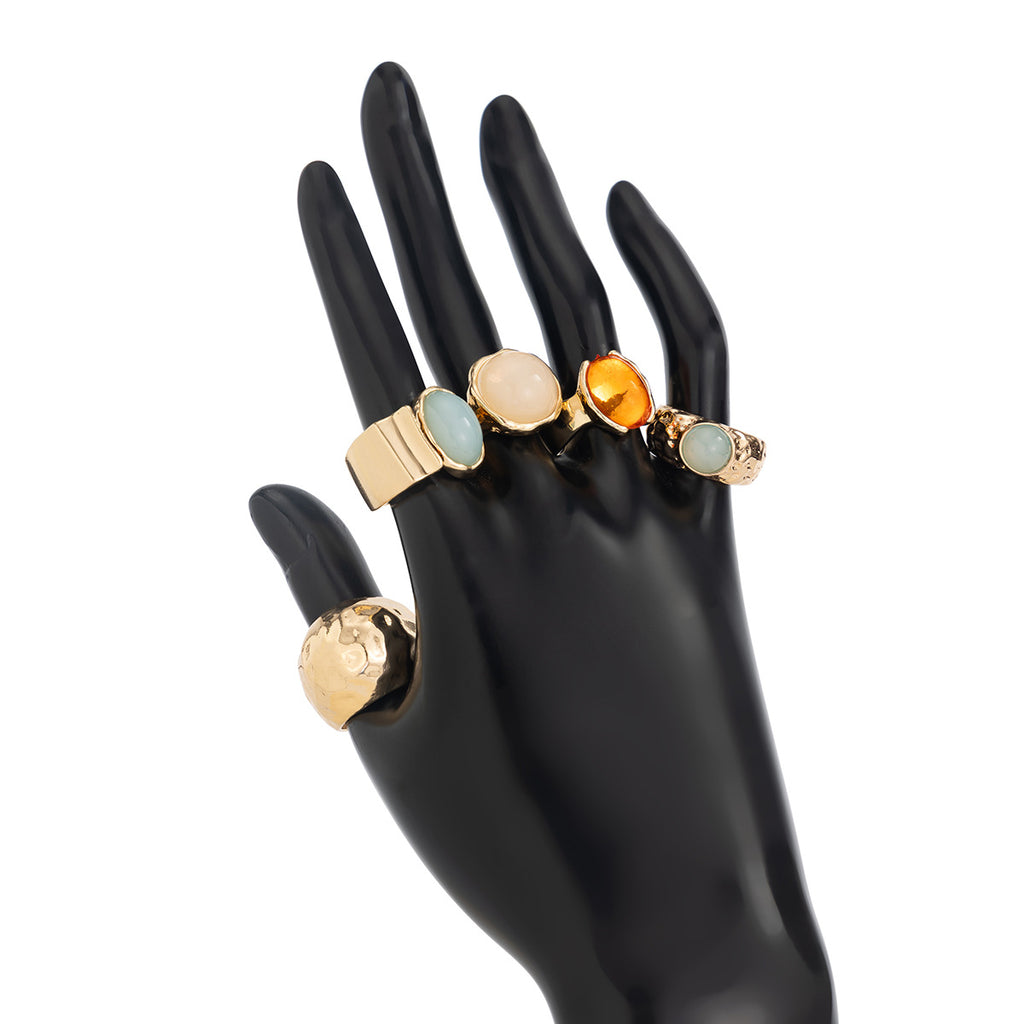 Beaten Finish Green Orange Gemstone Gold Ring Combo Pack Of 5 Bulk