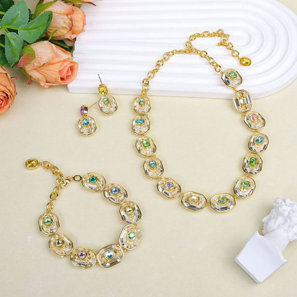 White Geometric Link Baguette Gold CZ Copper Necklace Combo Set Bulk Main image