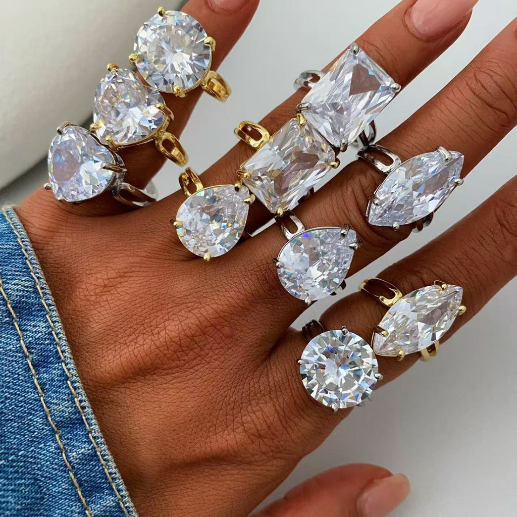 Gold Silver Multi Shape Cubic Zirconia Copper Adjustable Ring Women Bulk