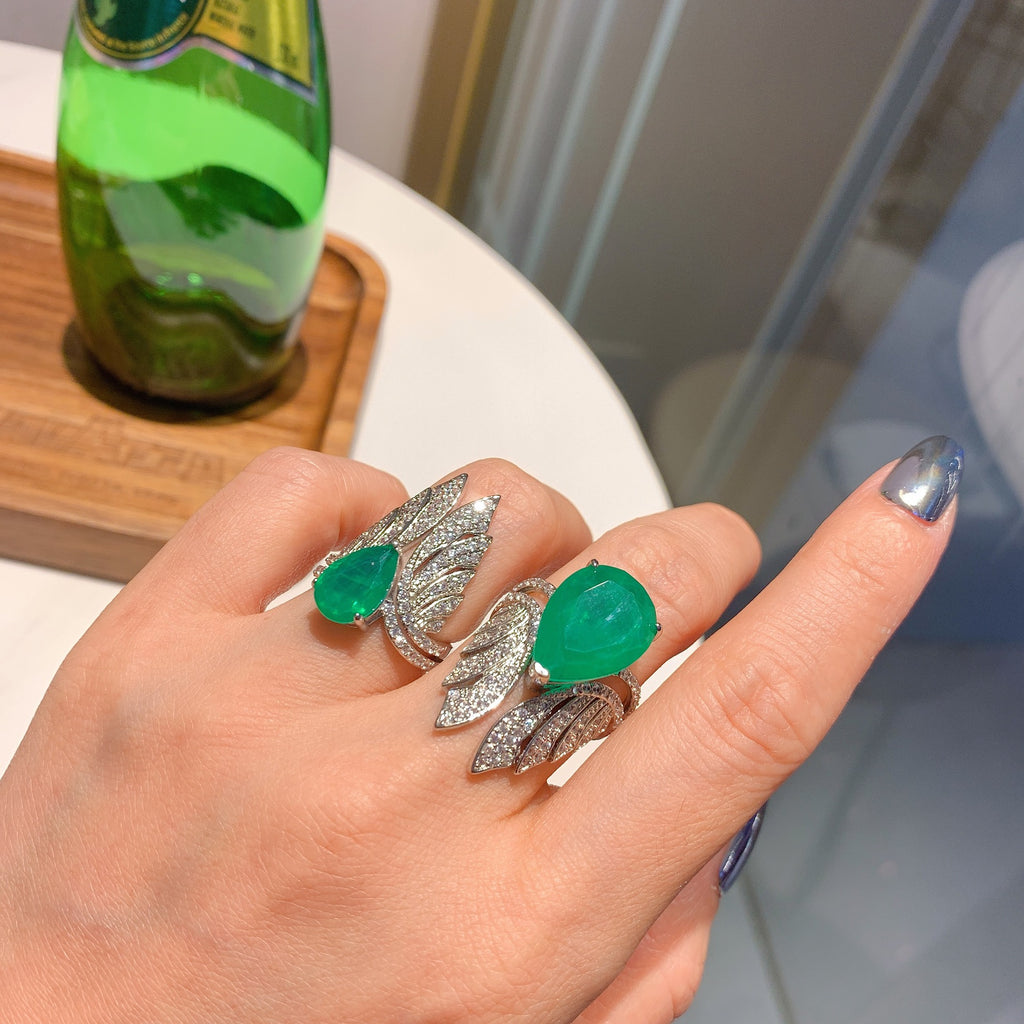 Feather Green Silver Anti Tarnish Free Size Ring For Women Bulk