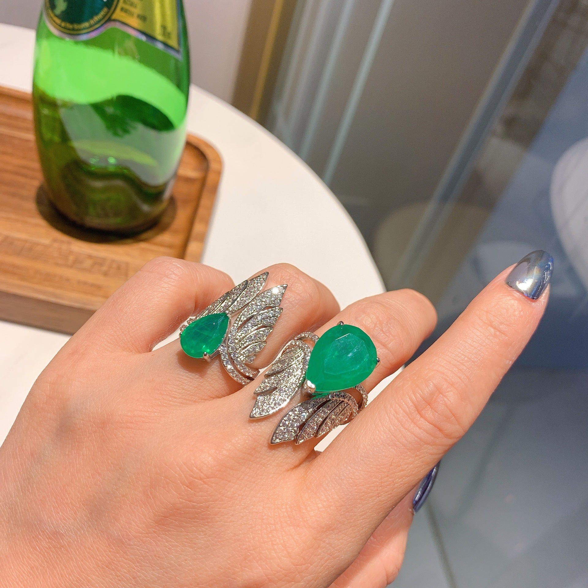 Feather Green Silver Anti Tarnish Free Size Ring For Women Bulk