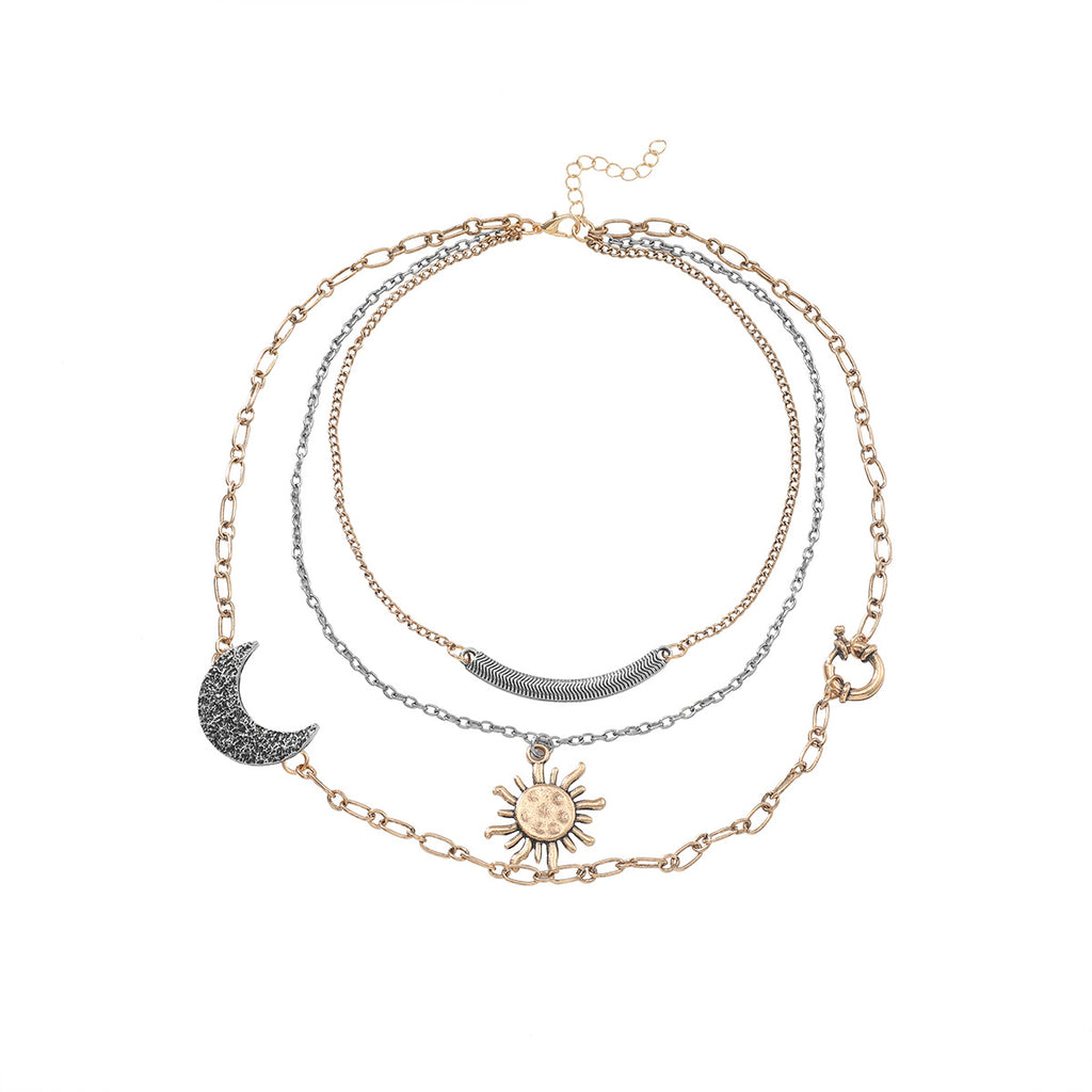 Multi-Layered Celestial Sun & Moon Charm Gold Silver Necklace Wholesale