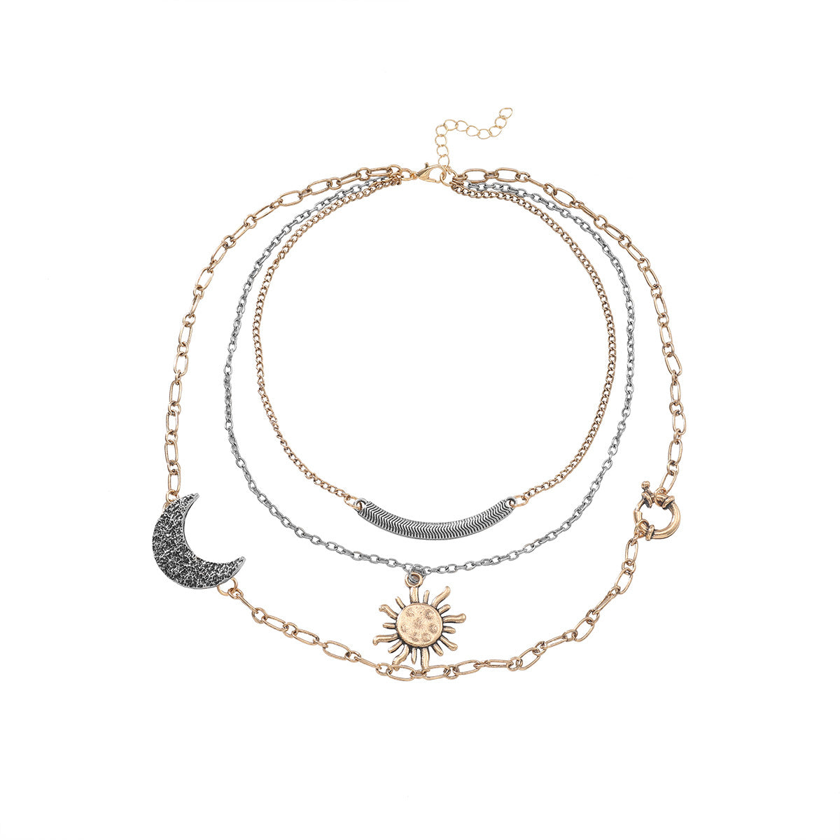 Multi-Layered Celestial Sun & Moon Charm Gold Silver Necklace Wholesale