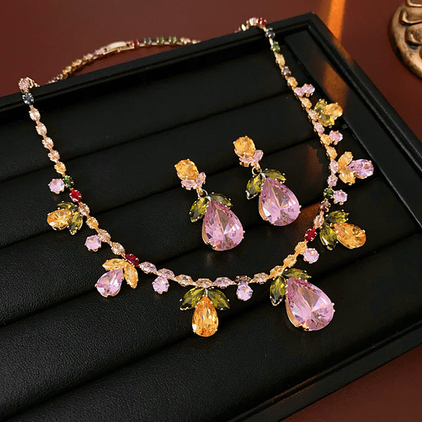 Drop Leaf Solitaire Crystal Pink Orange Anti Tarnish Necklace Earring Set For Women Main image