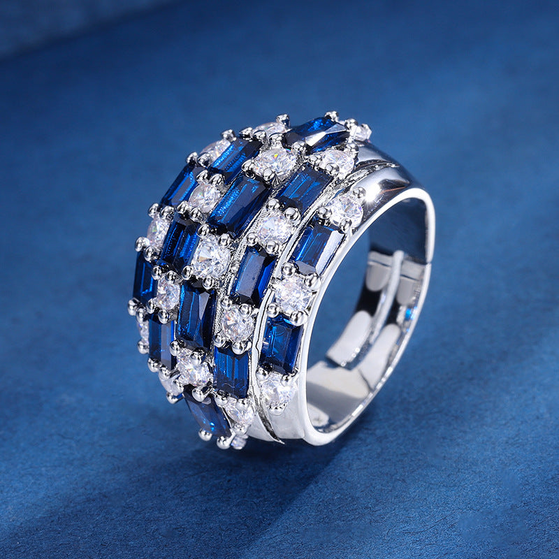 Baguette CZ Crystal Red Blue Silver Anti Tarnish Free Size Ring Bulk