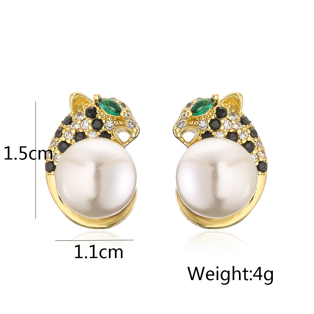 Panther Cubic Zirconia Pearl 18K Gold Anti Tarnish Stud Earring Bulk