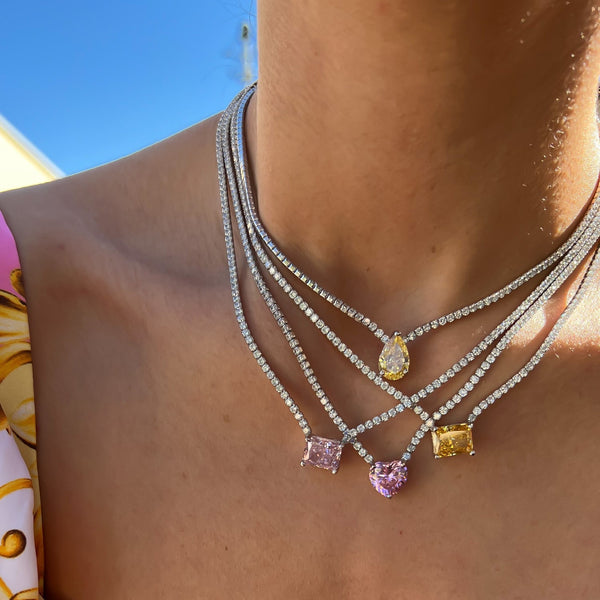 Rectangle Solitaire Silver Yellow Pink Cubic Zirconia Crystal Stainless Steel Anti Tarnish Necklace Chain For Women Secondary image