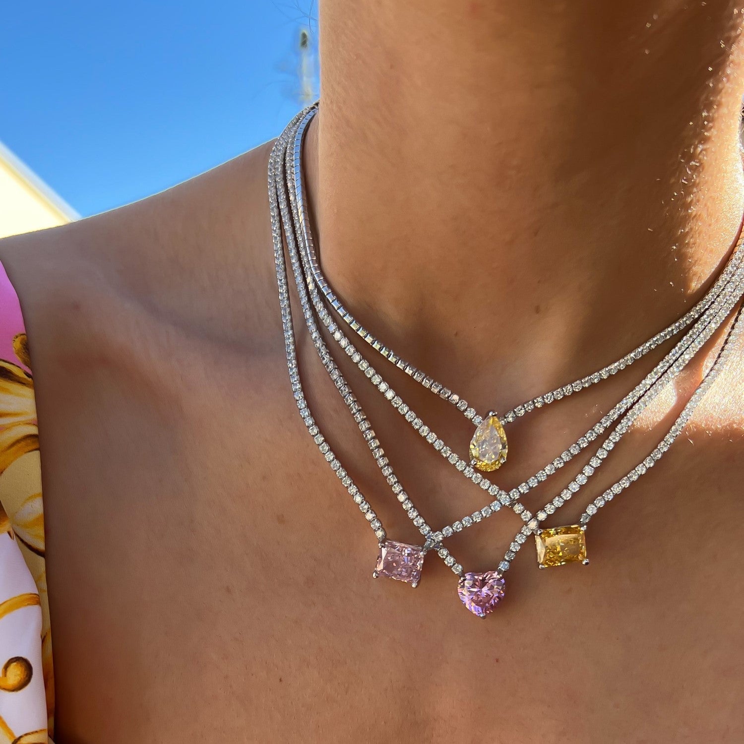 Rectangle Solitaire Silver Yellow Pink Cubic Zirconia Crystal Stainless Steel Anti Tarnish Necklace Chain For Women
