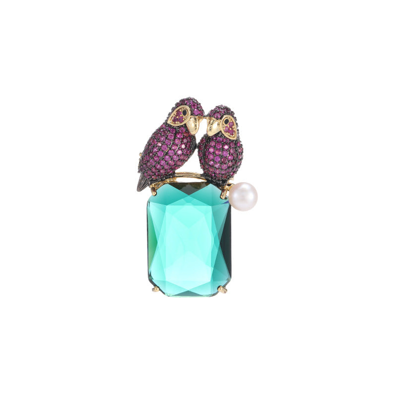 Dual Parrot Pink Green 18K Gold Plated Gemstone Crystals Pearl Anti Tarnish Brooch For Women