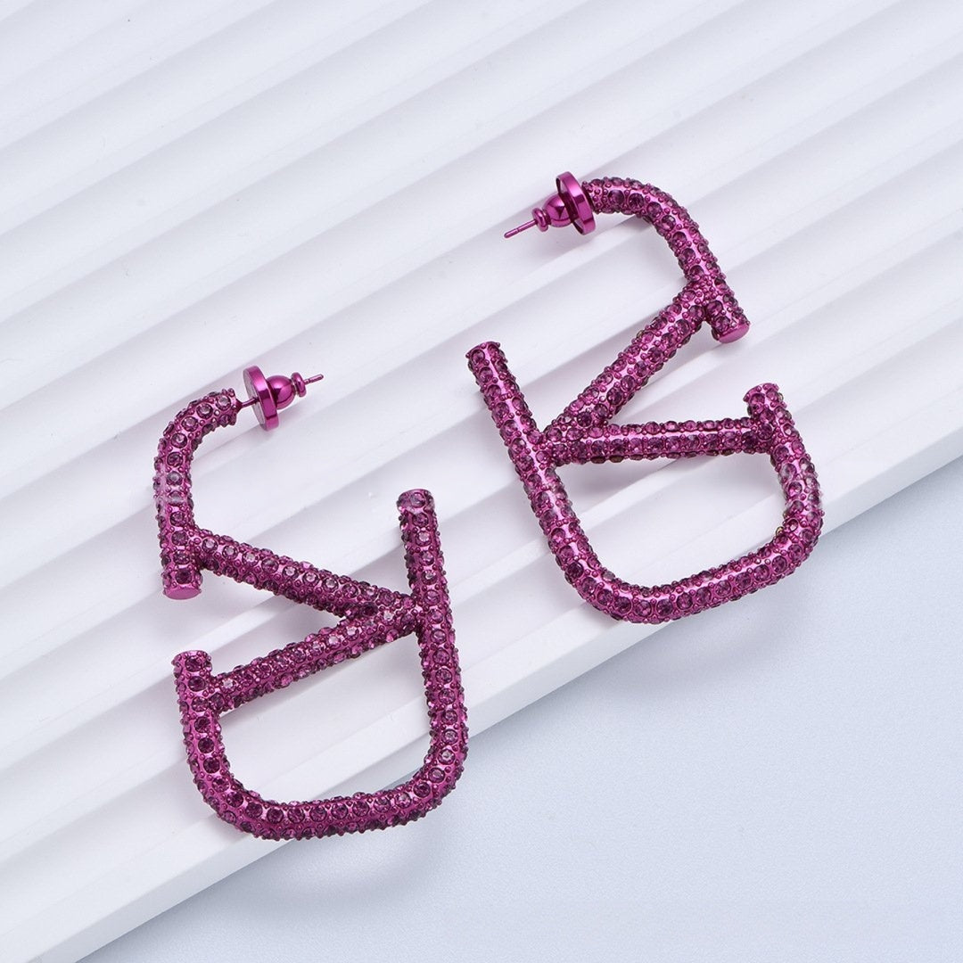 V Shape Cubic Zirconia Pink Anti Tarnish Hoop Dangler Earring Bulk Main image