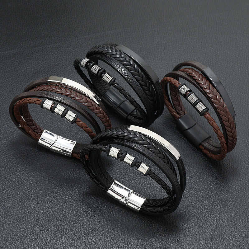 Rope Ring Black Brown Stainless Steel Multi Layer Wrist Band Id Leather Bracelet For Men