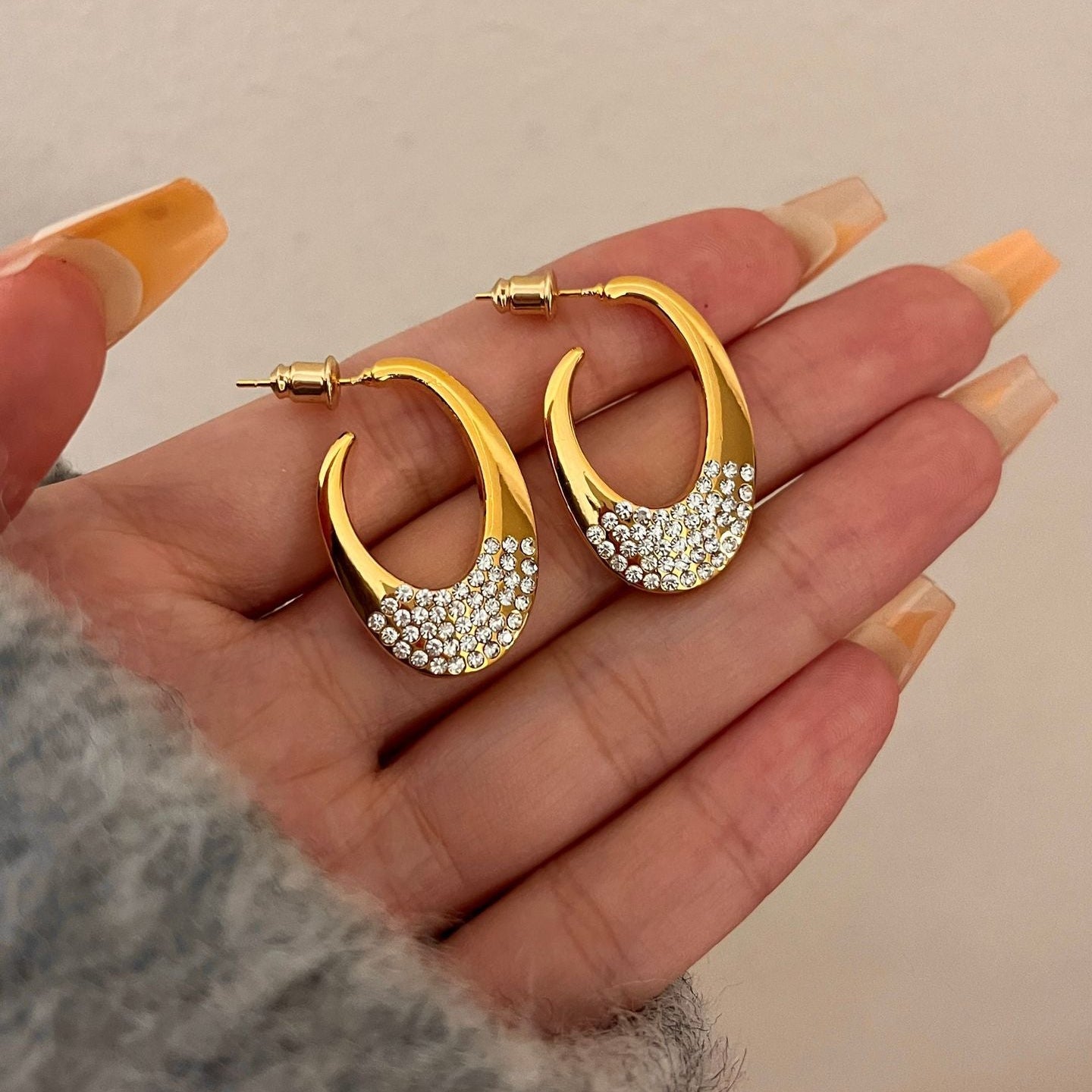 Oval Two Tone 18K Gold Silver Cubic Zirconia Hoop Earring Women Bulk Main image