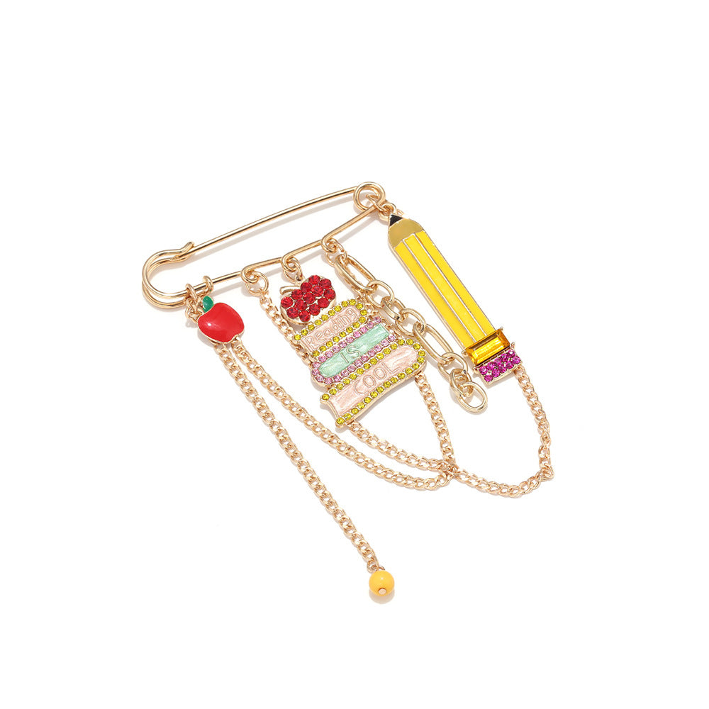 Designer Apple Pencil Book Charm Gold Rhinestone Enamel Brooch Bulk