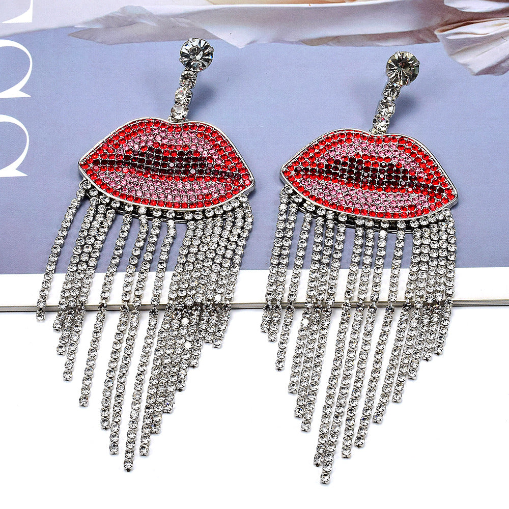 Big Lips Silver Red Crystal Rhinestones Dangle Tassel Earrings Bulk Secondary image