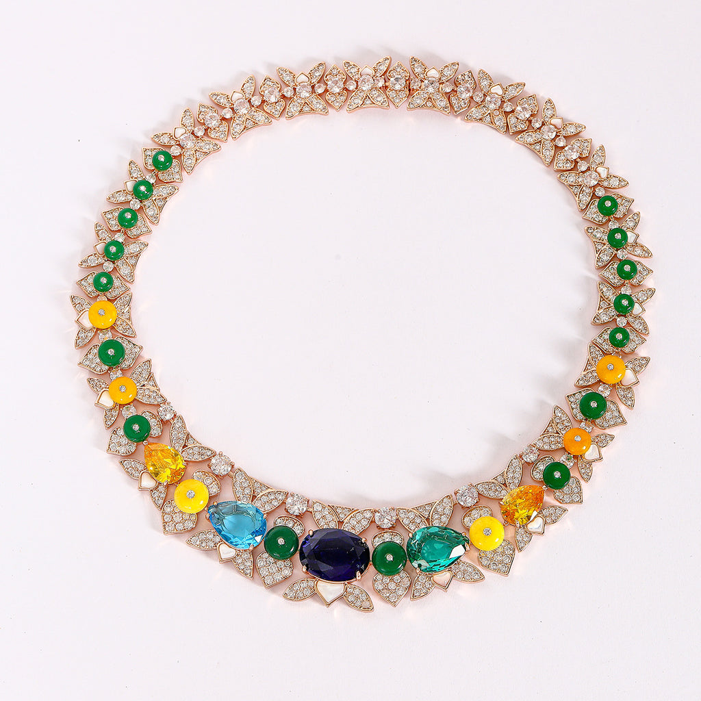 Rainbow Flower Solitaire 18K Gold Multi Gemstone Cubic Zirconia Anti Tarnish Necklace Earring Set For Women