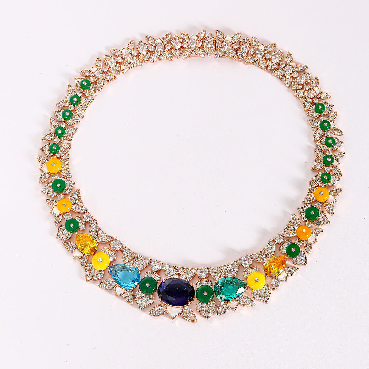Rainbow Flower Solitaire 18K Gold Multi Gemstone Cubic Zirconia Anti Tarnish Necklace Earring Set For Women
