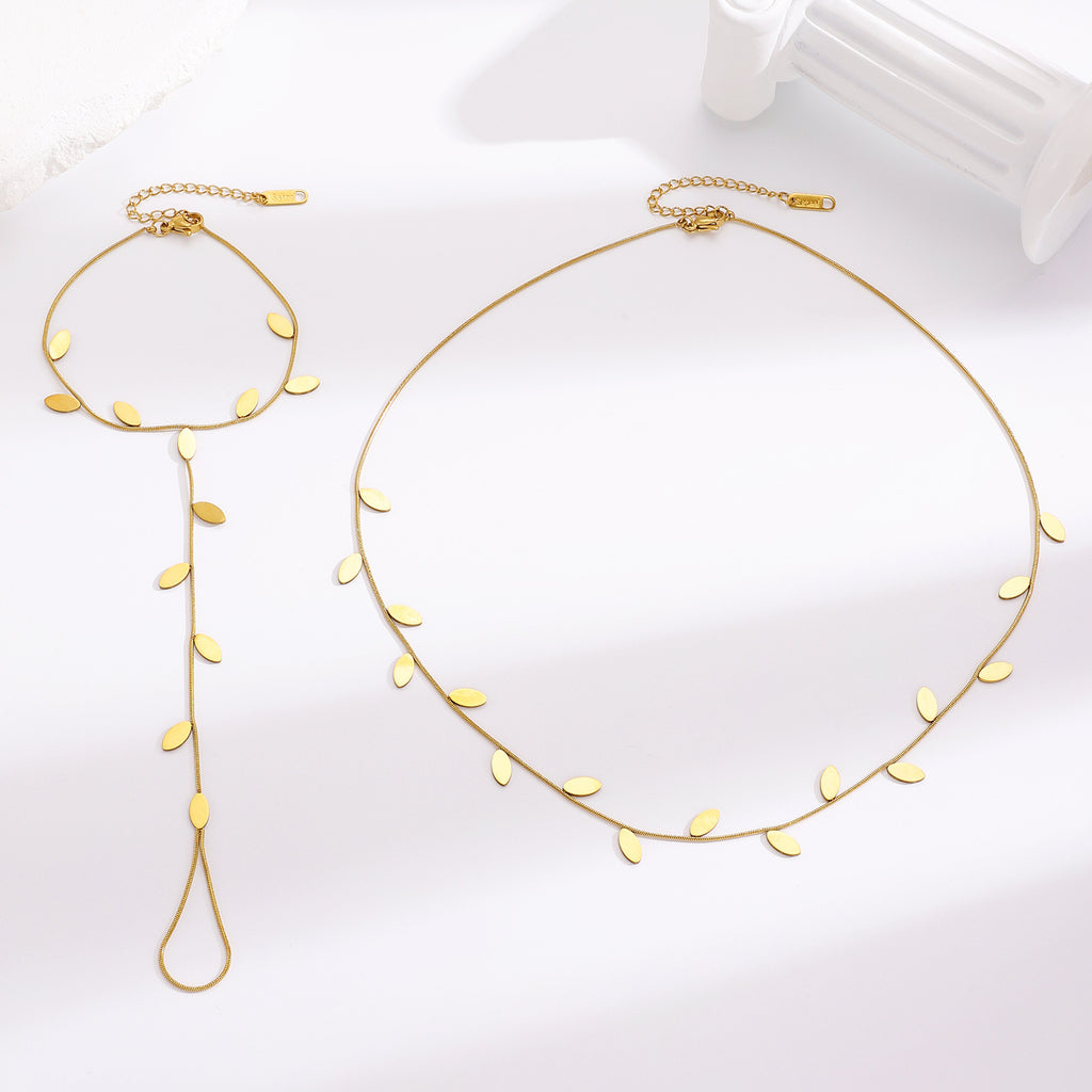 Leaf Charm Hand Chain Ring Gold Stainless Steel Necklace Combo Set Bulk