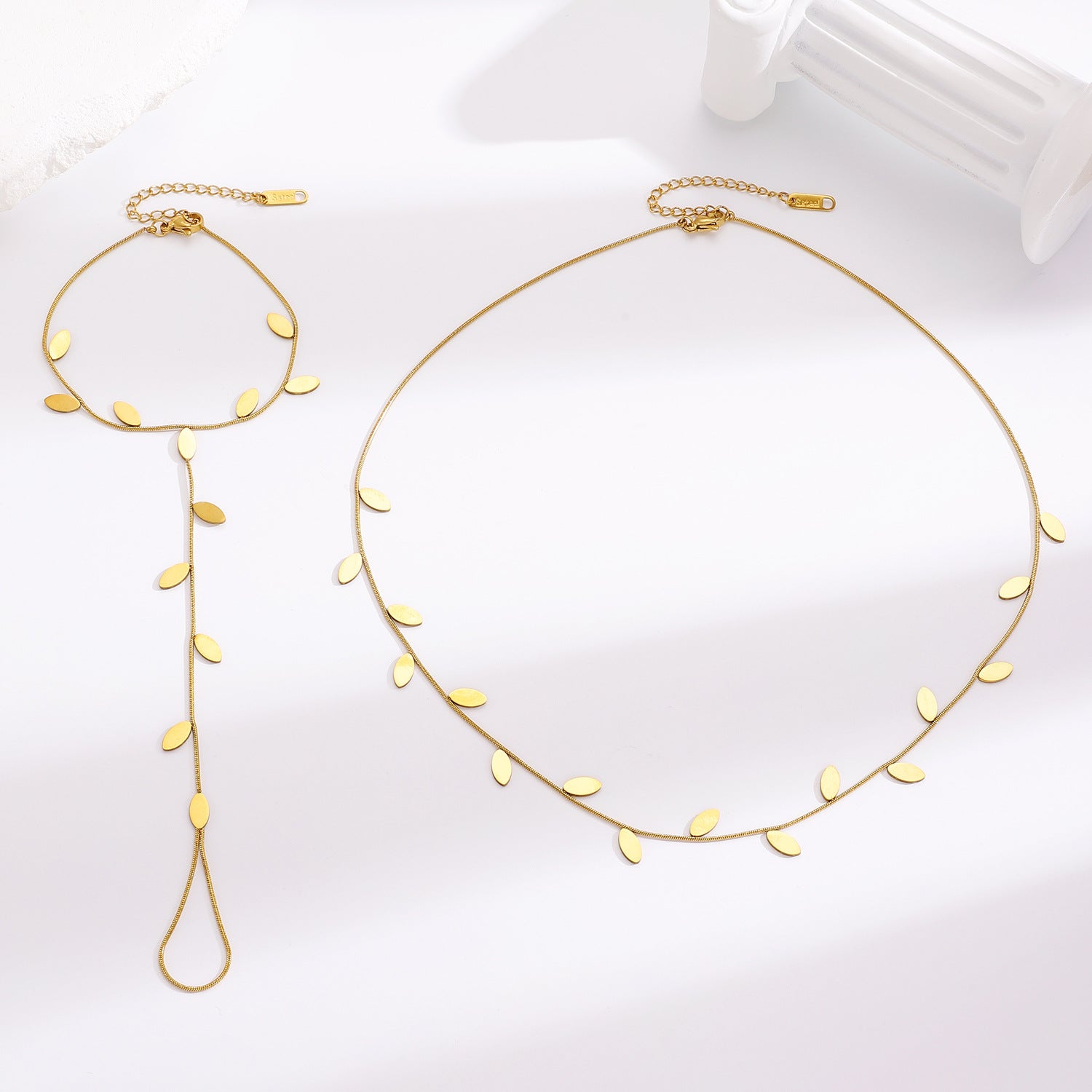 Leaf Charm Hand Chain Ring Gold Stainless Steel Necklace Combo Set Bulk