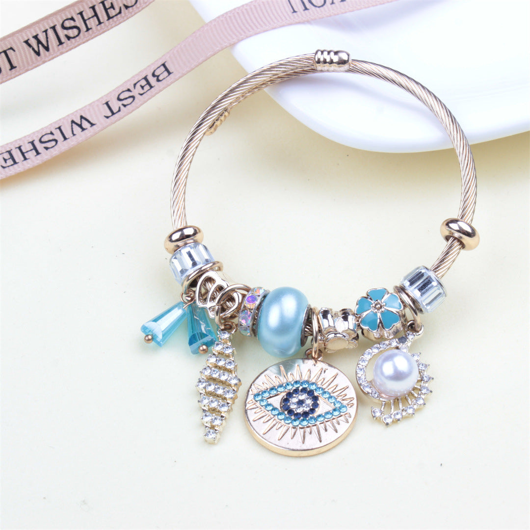 Bulk Blue Flower Evil Eye Gold CZ Pearl Stainless Steel Cuff & Kada