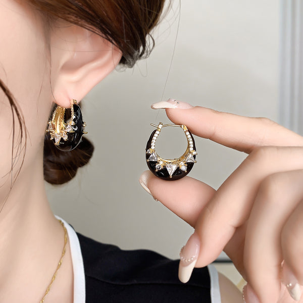 Solitaire Enamel Black 18K Gold Silver Anti Tarnish Hoop Earring Bulk Secondary image