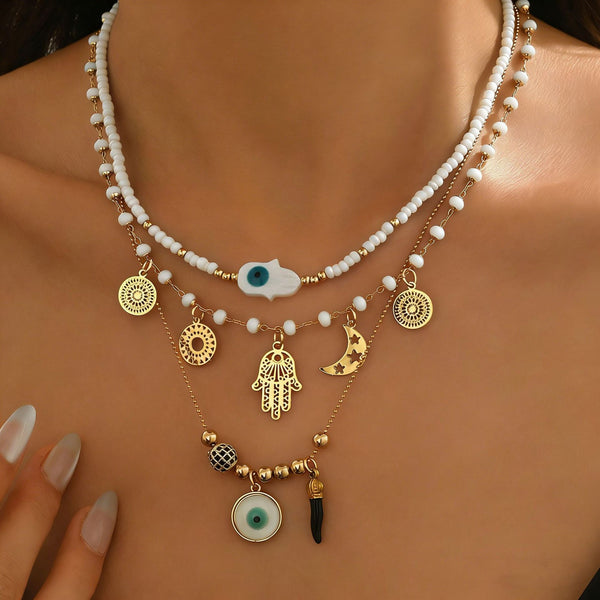 Multi Color Evil Eye Layered Hamsa Charm Gold Beads Necklace Women Bulk Secondary image