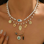 Multi Color Evil Eye Layered Hamsa Charm Gold Beads Necklace Women Bulk