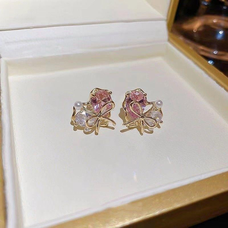 White Pink Heart Bow Gold Pearl Cubic Zirconia Stud Earrings Women Bulk