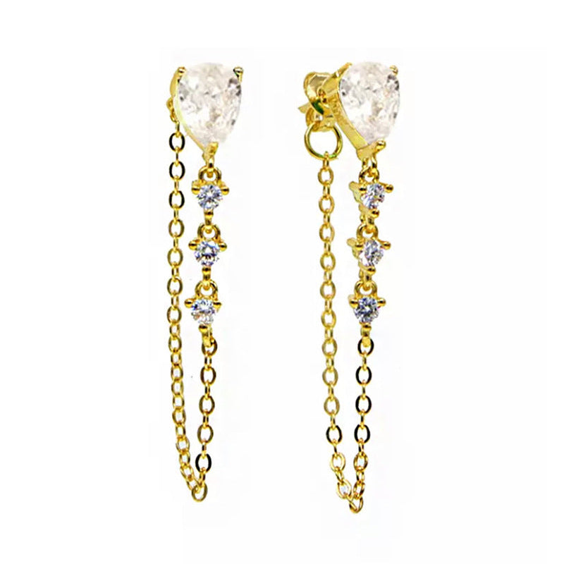 Drop Solitaire Gold CZ Anti Tarnish Dangler Tassel Chain Earring Bulk