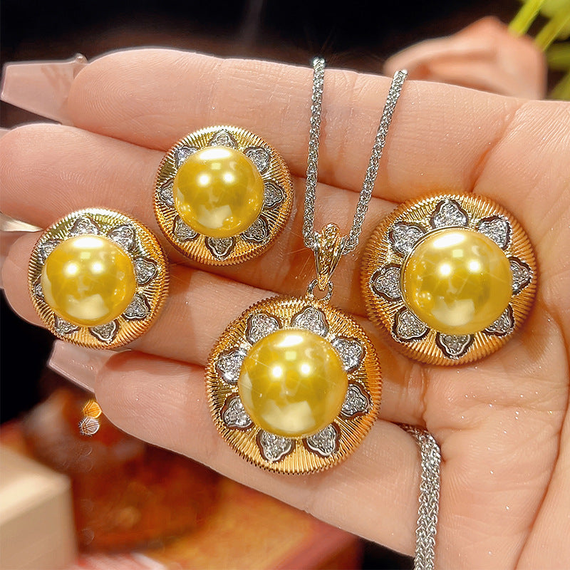 Antique Floral Gold Plated CZ Pearl Copper Necklace Combo Set Wholesale