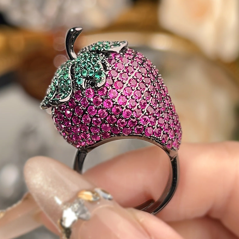 Strawberry Pink Green Black CZ Anti Tarnish Free Size Ring Bulk