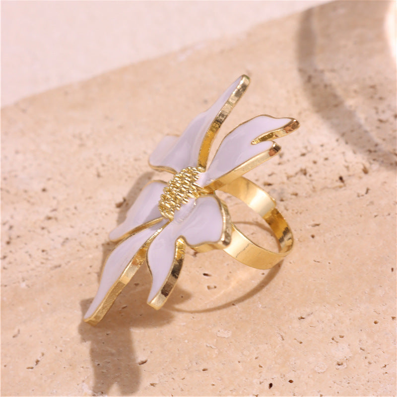Floral White Enamel 18K Gold Plated Anti Tarnish Free Size Ring Bulk