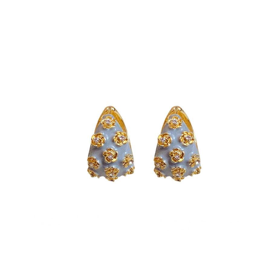 Flower White Grey 18K Gold CZ Enamel Hoop Stud Earring Pair Bulk