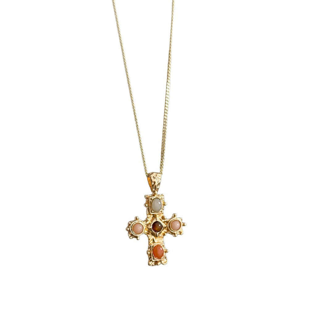 Designer Multi Color Stone Cross Pendant Gold CZ Copper Necklace Bulk