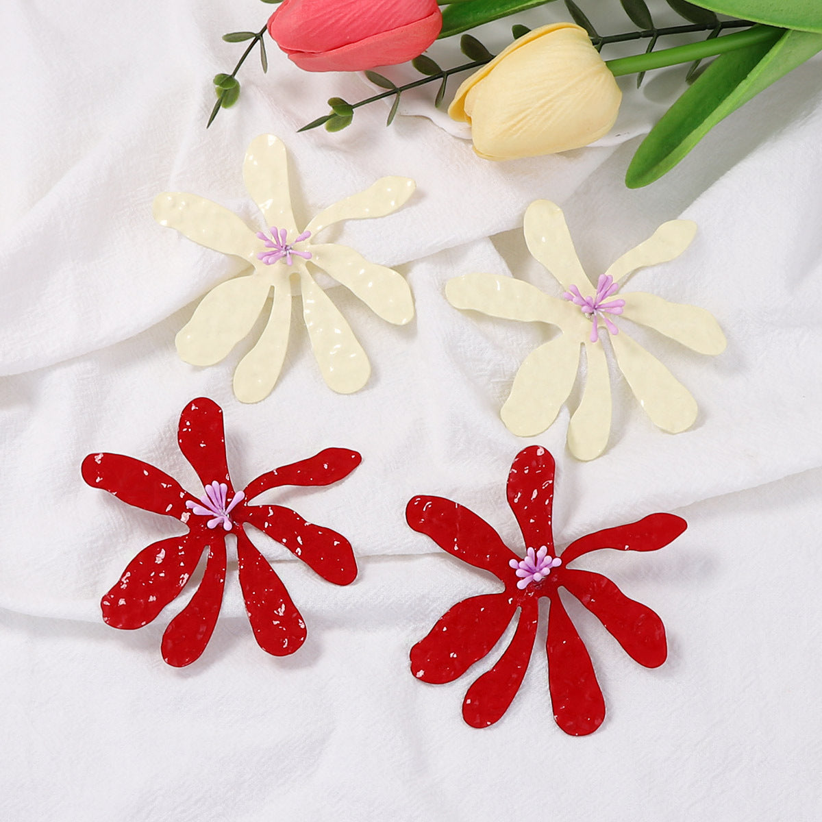 Floral Flower Leaf Red White Dangler Earring For Women Bulk