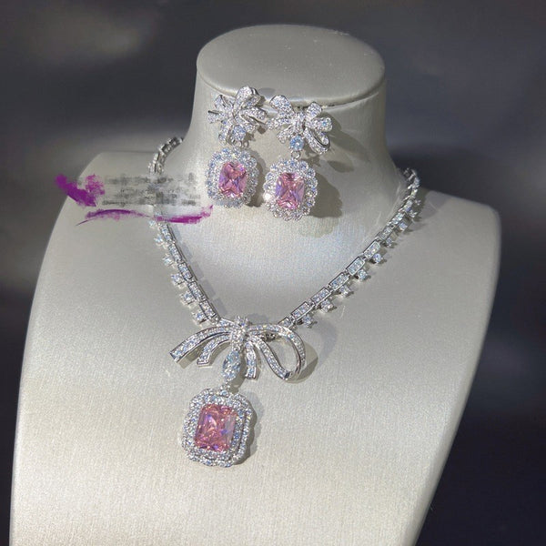 Pink Emerald Cut CZ Bow Silver Plated Copper Necklace Combo Set Bulk Secondary image