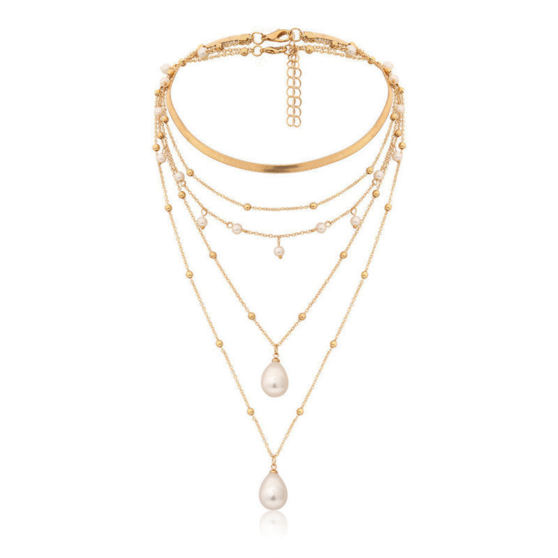 Drop White 18K Gold Anti Tarnish Pearl Layer Link Chain Anti Tarnish Necklace For Women