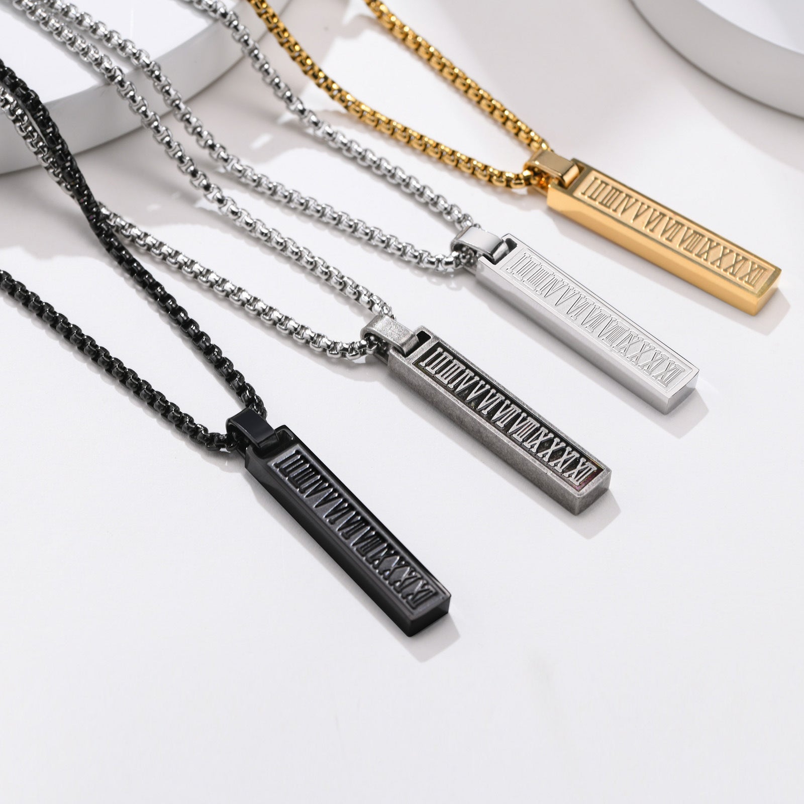 Roman Number Bar Id Gold Black Silver Atique Stainless Steel Popcorn Pendant Chain For Men Main image