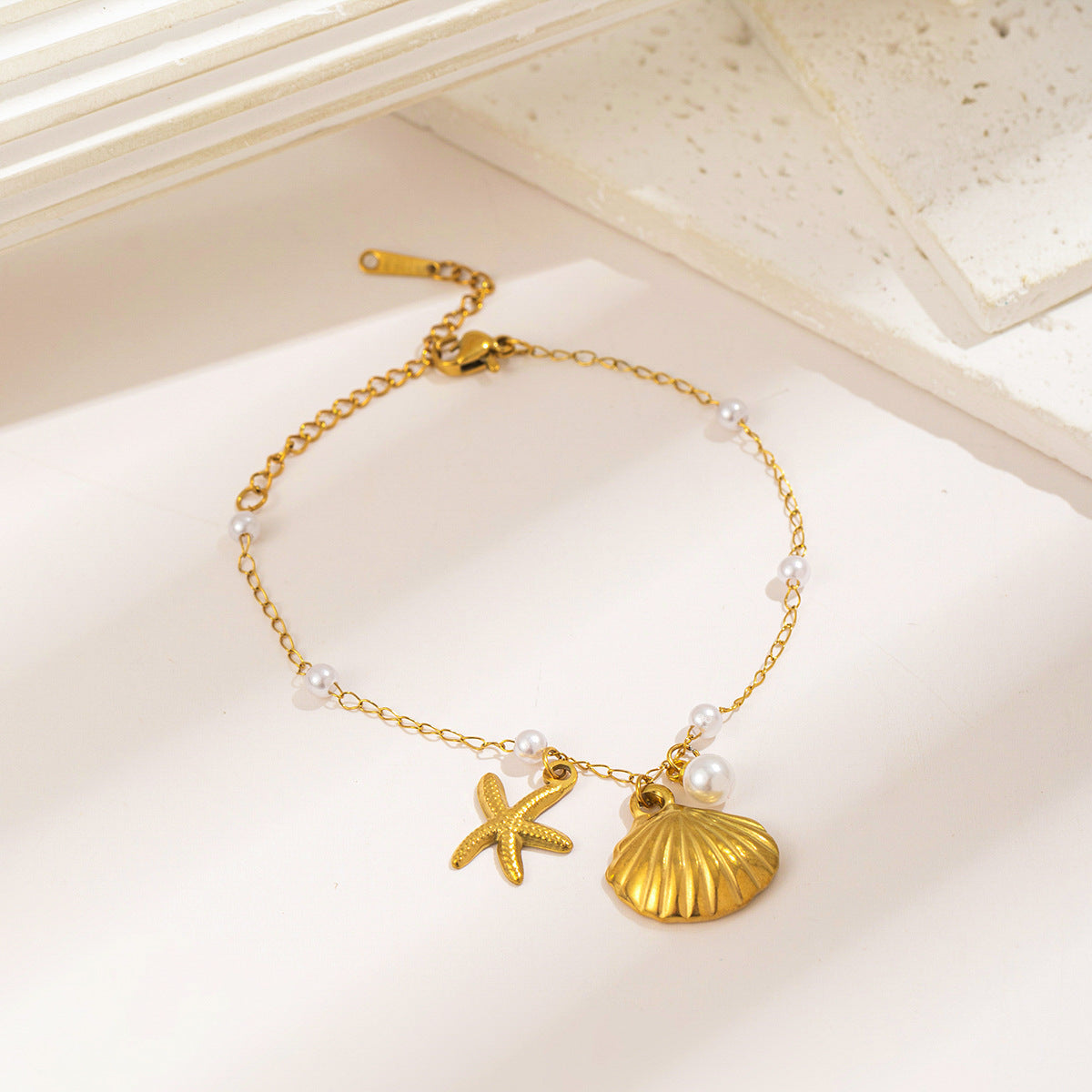 Shells Starfish Pearl 18K Gold Stainless Steel Anti Tarnish Link Chain Bracelet For Women Secondary image