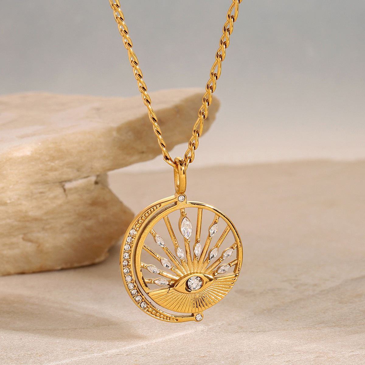 Sun Evil Eye 18K Gold Cubic Zirconia Anti Tarnish Stainless Steel Necklace Pendant Chain For Women