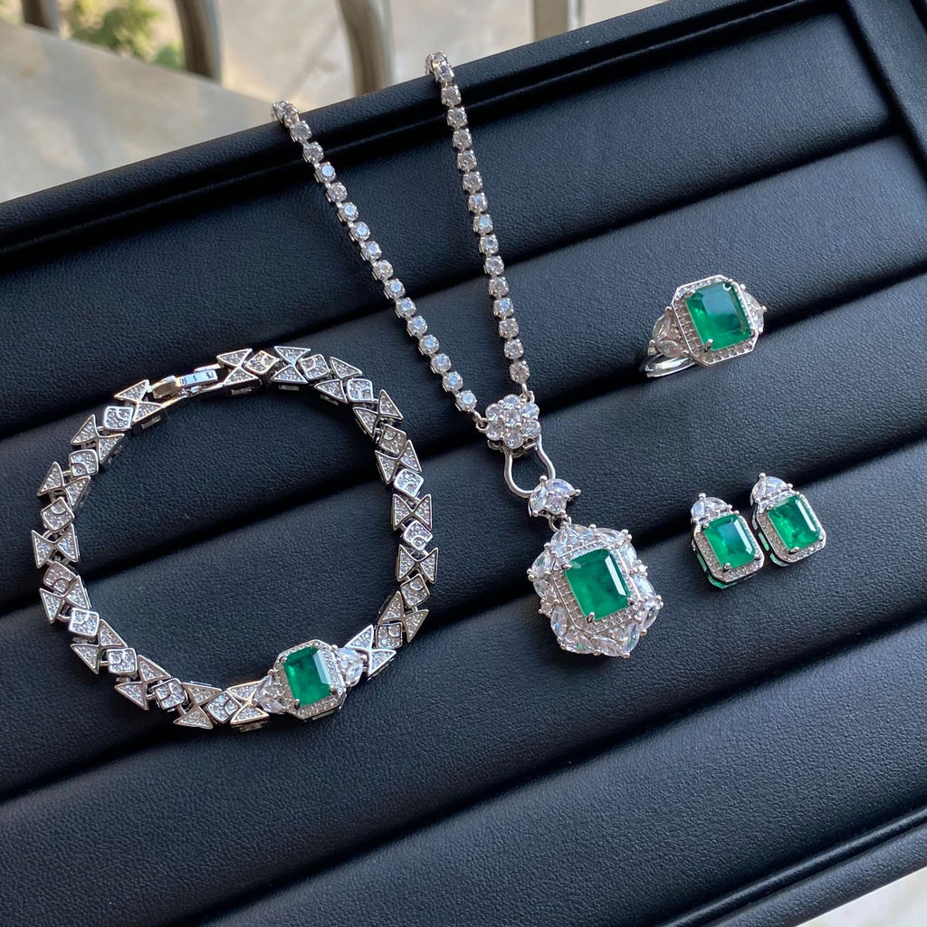 Luxury Emerald Green CZ Silver Plated Copper Necklace Combo Set Bulk