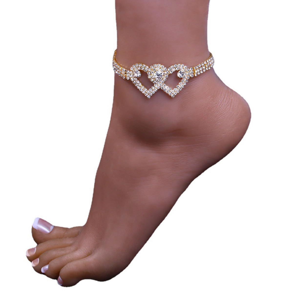 Dual Heart Studded Cubic Zirconia Silver Gold Anti Tarnish Anklet Bulk